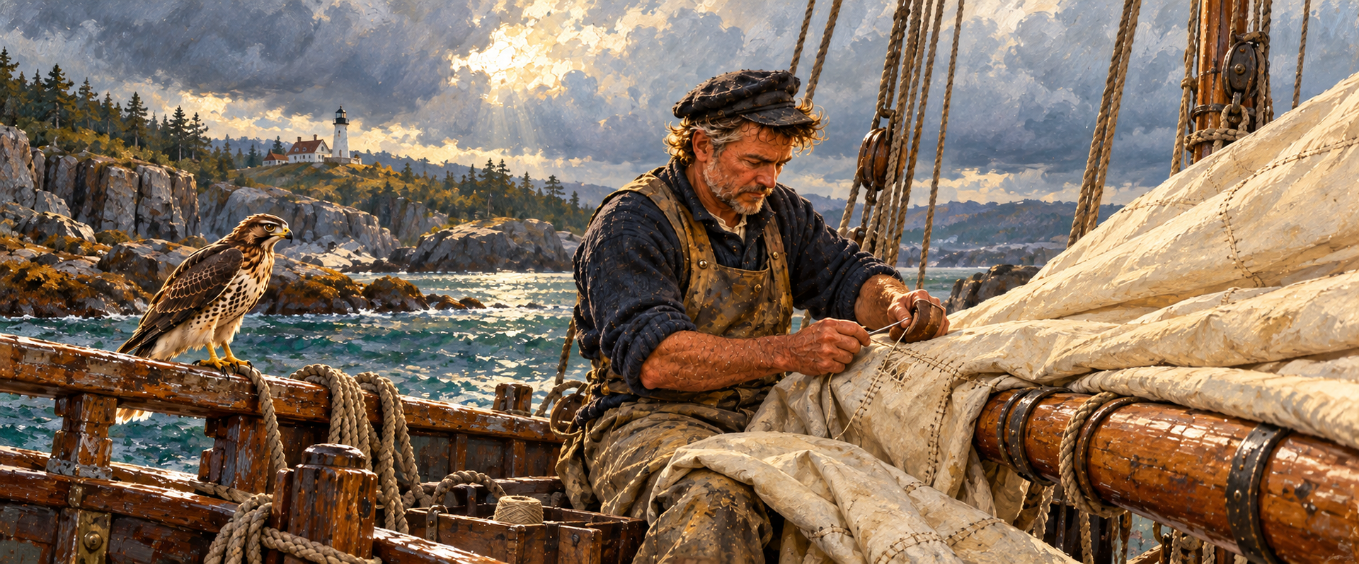 Painting of a sailmaker hand-stitching a sail on deck, with a hawk on the rail