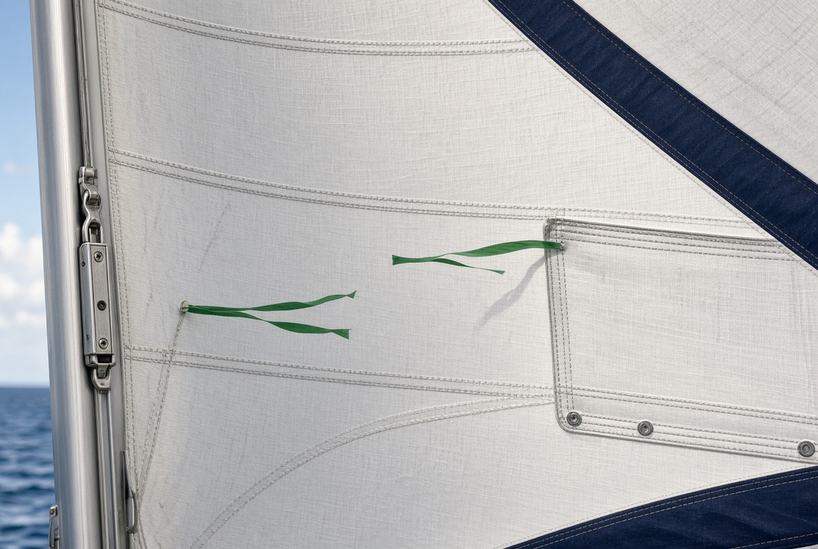 Close-up of a white sail with navy edge tape and telltales