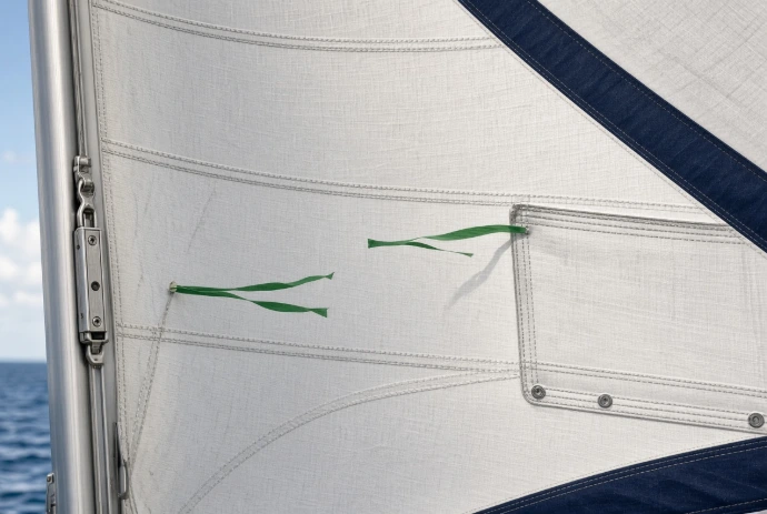 Close-up of a white sail with navy edge tape and telltales